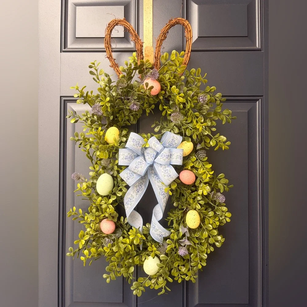 Handmade Boxwood Easter Bunny Wreath with Pastel Eggs and Blue Bow 28” x 13”